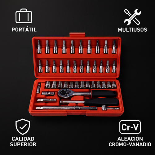 Kit de Llaves de Carraca y Vasos 46 Piezas | Acero de Aleación Premium